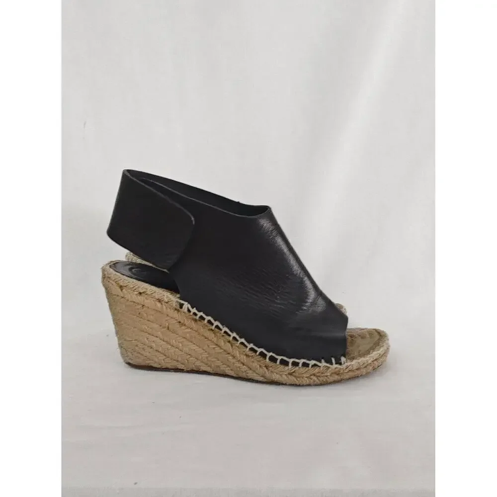 Celine Phoebe Philo Wedge Black Leather Espadrille‎ Sandals EU 38 7.5 *Flaw